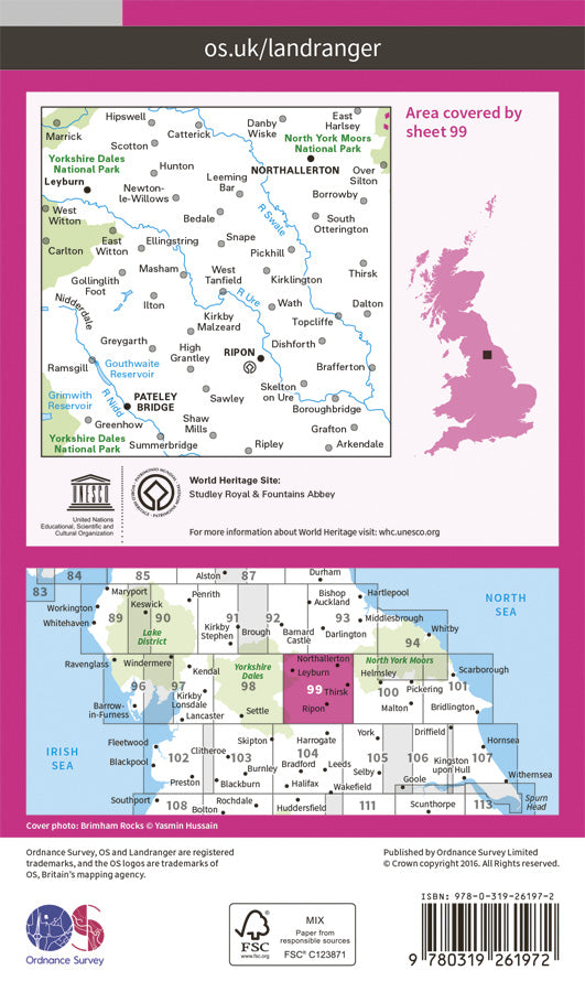 Carte topographique n° 099 - Northallerton, Ripon (Grande Bretagne) | Ordnance Survey - Landranger carte de randonnée Ordnance Survey