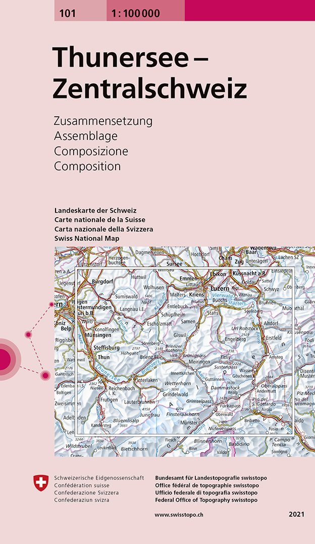 Carte topographique n° 101 - Thuner See, Zentralschweiz (Suisse) | Swisstopo - 1/100 000 carte pliée Swisstopo 