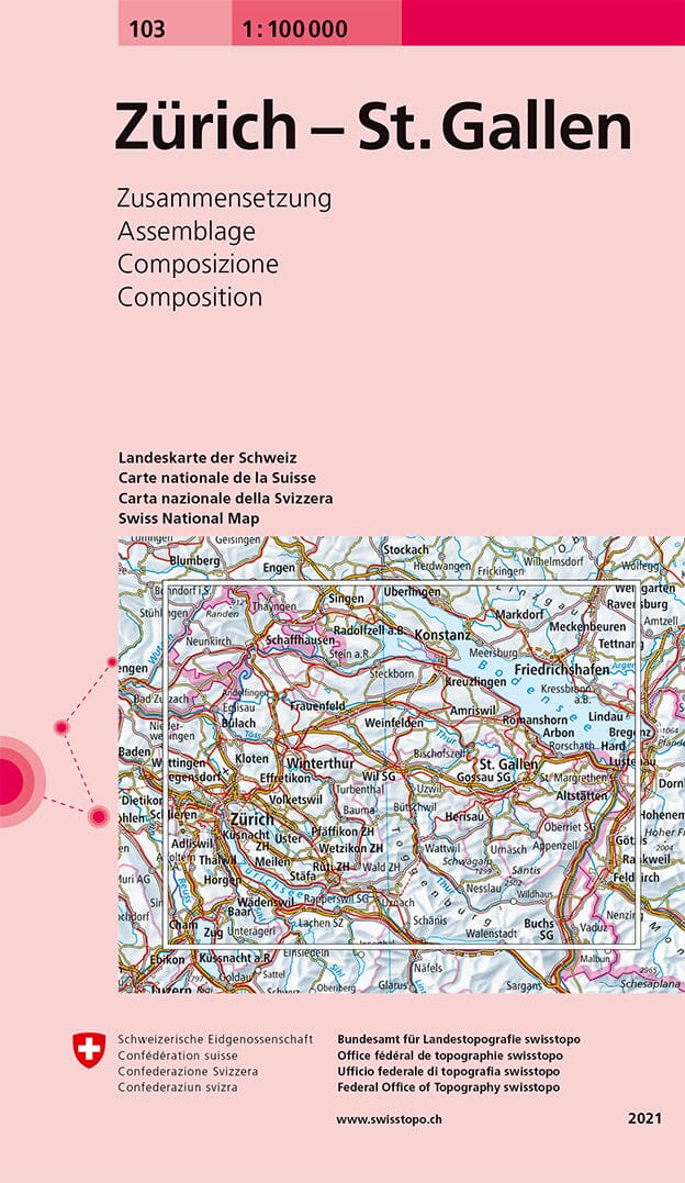 Carte topographique n° 103 - Zürich, St.Gallen (Suisse) | Swisstopo - 1/100 000 carte pliée Swisstopo 