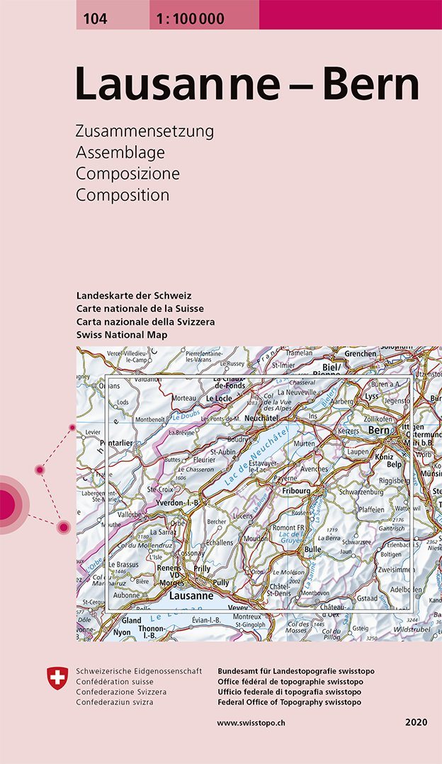 Carte topographique n° 104 - Lausanne, Bern (Suisse) | Swisstopo - 1/100 000 carte pliée Swisstopo 