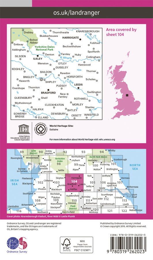 Carte topographique n° 104 - Leeds, Bradford, Harrogate, Ilkley (Grande Bretagne) | Ordnance Survey - Landranger carte de randonnée Ordnance Survey