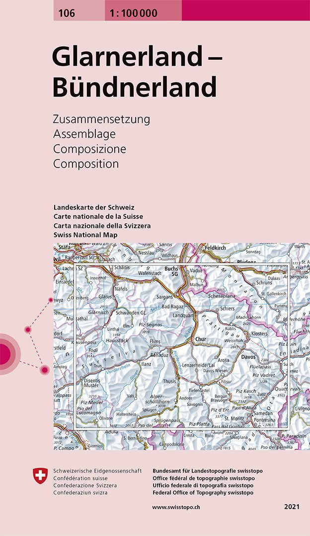 Carte topographique n° 106 - Glarnerland, Bündnerland (Suisse) | Swisstopo - 1/100 000 carte routière Swisstopo