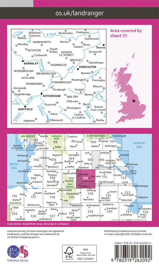 Carte topographique n° 111 - Sheffield, Doncaster, Rotherham, Barnsley, Thorne (Grande Bretagne) | Ordnance Survey - Landranger carte de randonnée Ordnance Survey