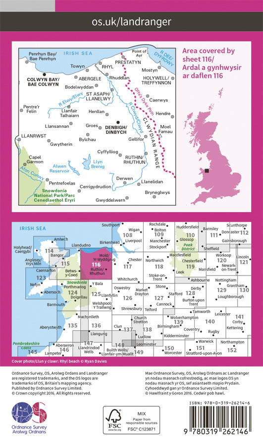 Carte topographique n° 116 - Denbigh, Colwyn Bay (Grande Bretagne) | Ordnance Survey - Landranger carte de randonnée Ordnance Survey