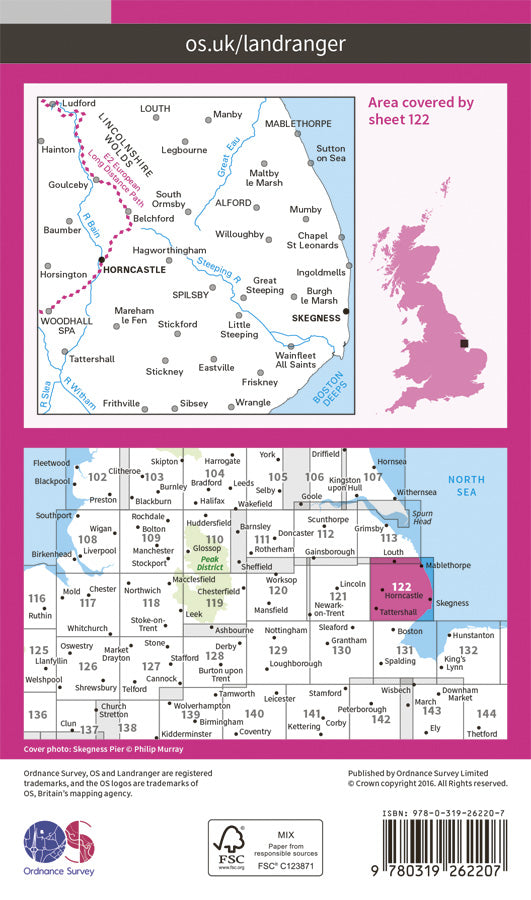 Carte topographique n° 122 - Skegness, Horncastle (Grande Bretagne) | Ordnance Survey - Landranger carte de randonnée Ordnance Survey