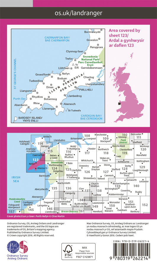 Carte topographique n° 123 - Lleyn Peninsula (Grande Bretagne) | Ordnance Survey - Landranger carte de randonnée Ordnance Survey
