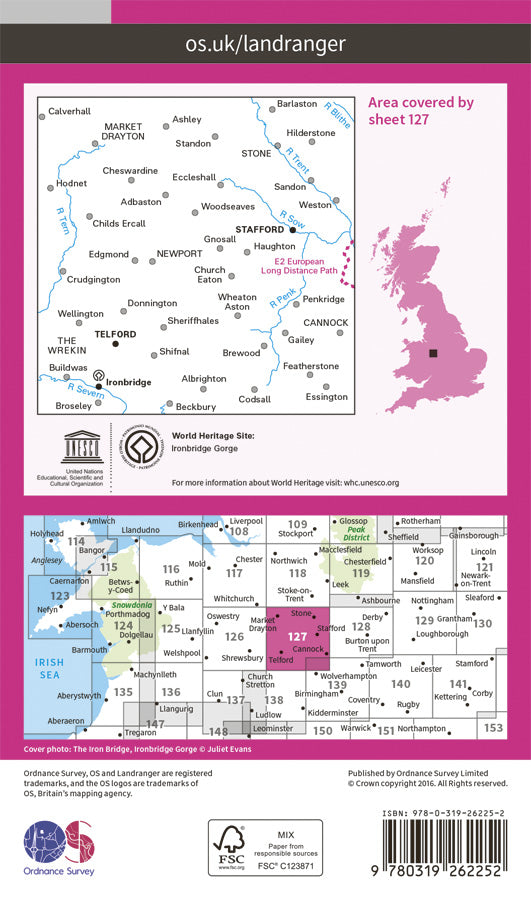 Carte topographique n° 127 - Stafford, Telford (Grande Bretagne) | Ordnance Survey - Landranger carte de randonnée Ordnance Survey