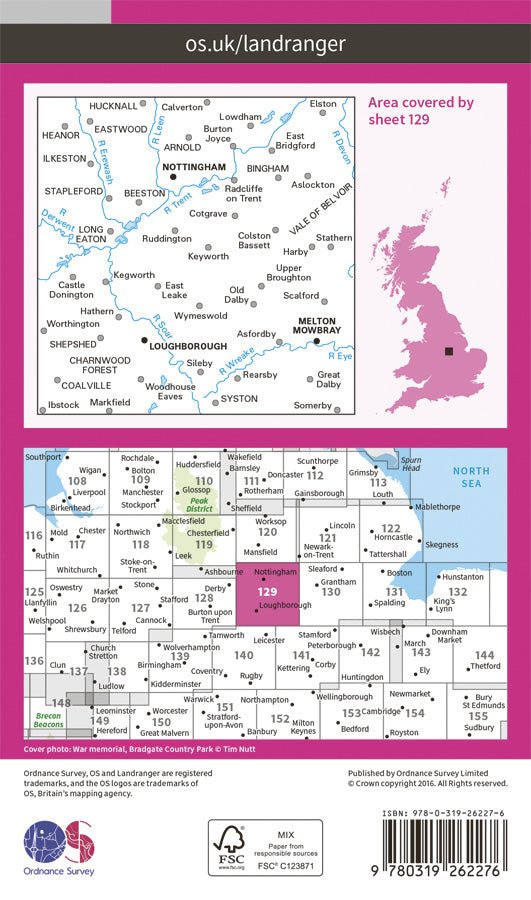 Carte topographique n° 129 - Nottingham, Loughborough (Grande Bretagne) | Ordnance Survey - Landranger carte de randonnée Ordnance Survey