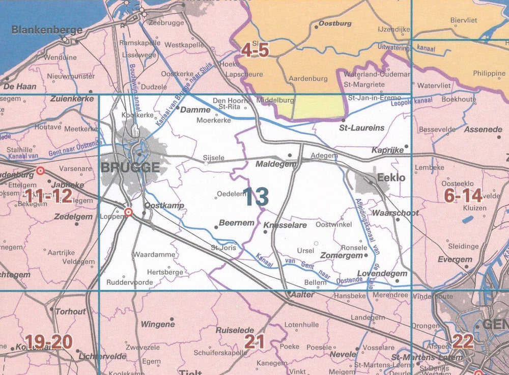 Carte topographique n° 13 - Bruges (Belgique) | NGI - 1/50 000 carte pliée IGN Belgique 