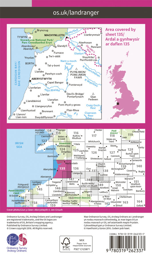 Carte topographique n° 135 - Aberystwyth, Machynlleth (Grande Bretagne) | Ordnance Survey - Landranger carte de randonnée Ordnance Survey