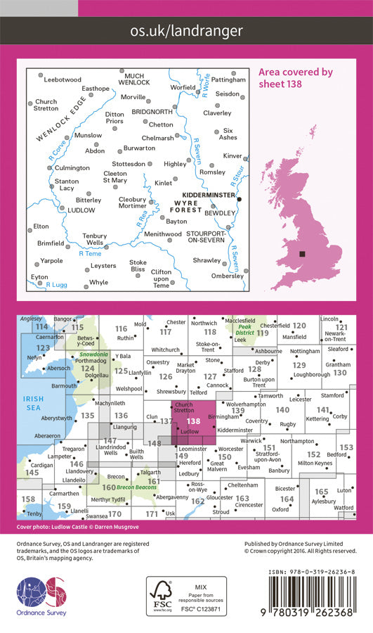 Carte topographique n° 138 - Kidderminster, Wyre Forest (Grande Bretagne) | Ordnance Survey - Landranger carte de randonnée Ordnance Survey