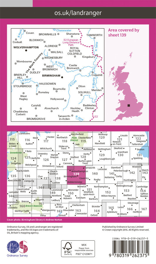 Carte topographique n° 139 - Birmingham, Wolverhampton (Grande Bretagne) | Ordnance Survey - Landranger carte de randonnée Ordnance Survey
