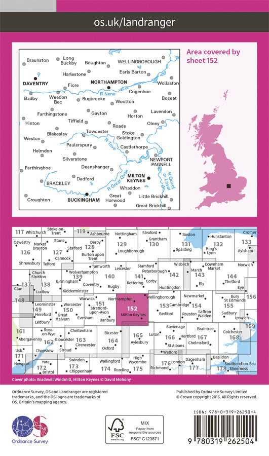 Carte topographique n° 152 - Northampton, Milton Keynes (Grande Bretagne) | Ordnance Survey - Landranger carte de randonnée Ordnance Survey