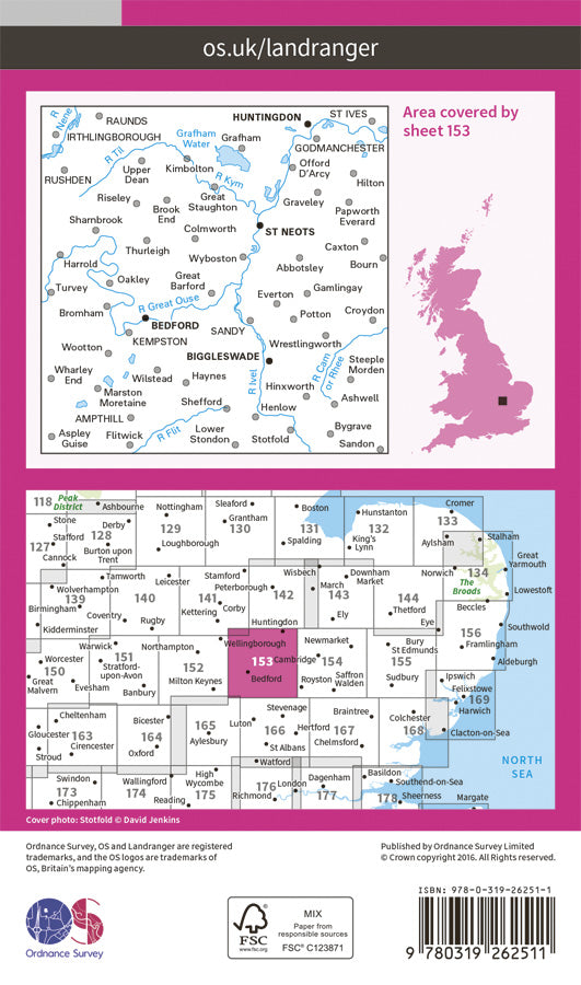 Carte topographique n° 153 - Bedford, Huntingdon, St-Neots, Biggleswade (Grande Bretagne) | Ordnance Survey - Landranger carte de randonnée Ordnance Survey