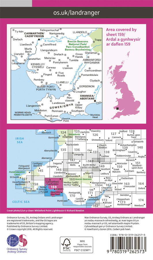 Carte topographique n° 159 - Swansea, Gower (Grande Bretagne) | Ordnance Survey - Landranger carte de randonnée Ordnance Survey