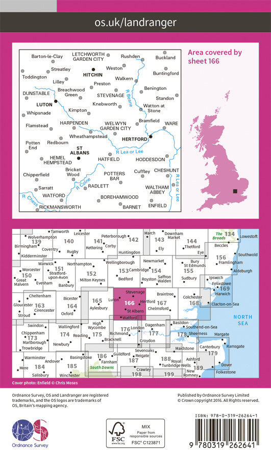 Carte topographique n° 166 - Luton, Hertford, Hitchin, St Albans (Grande Bretagne) | Ordnance Survey - Landranger carte de randonnée Ordnance Survey