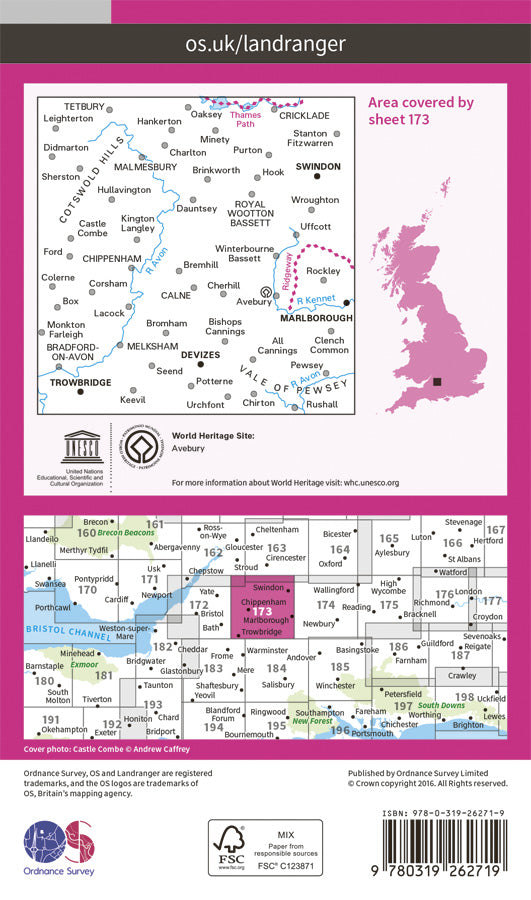 Carte topographique n° 173 - Swindon, Devizes, Marlborough, Trowbridge (Grande Bretagne) | Ordnance Survey - Landranger carte de randonnée Ordnance Survey