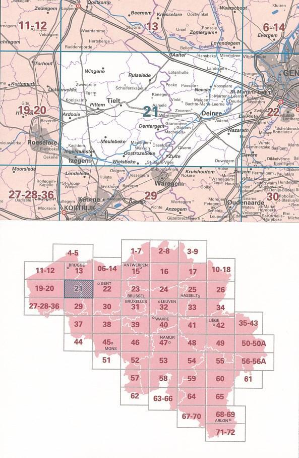 Carte topographique n° 21 - Tielt (Belgique) | NGI - 1/50 000 carte pliée IGN Belgique 