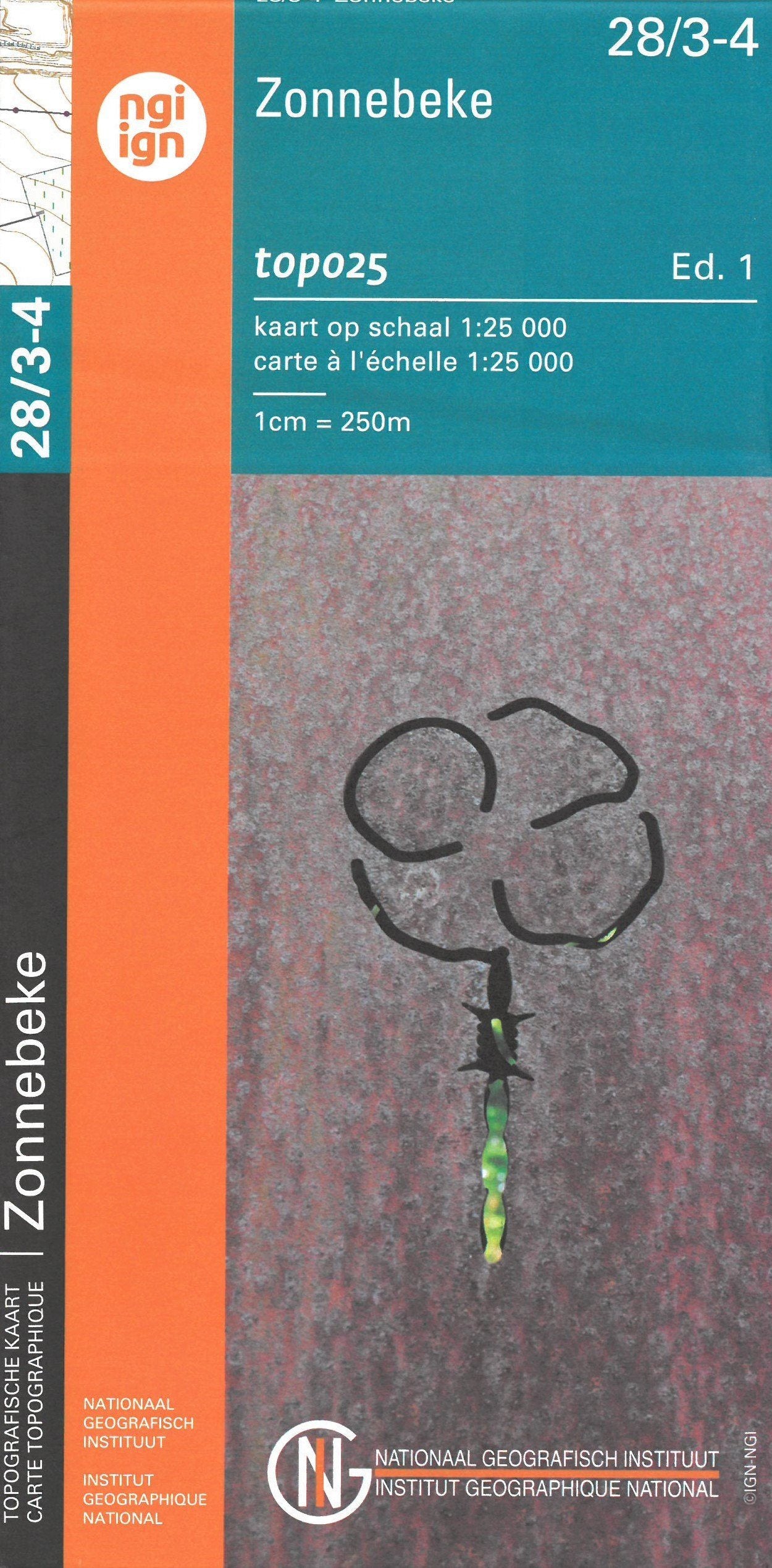 Carte topographique n° 28/3-4 - Zonnebeke (Belgique) | NGI topo 25 carte de randonnée IGN Belgique