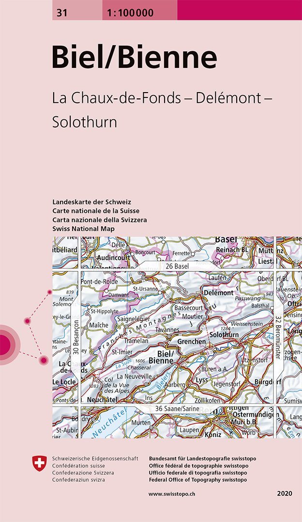 Carte topographique n° 31 - Biel, Bienne (Suisse) | Swisstopo - 1/100 000 carte pliée Swisstopo 