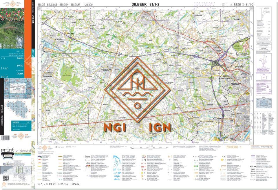 Carte topographique n° 31/1-2 - Dilbeek (Belgique) | NGI topo 25 carte de randonnée IGN Belgique