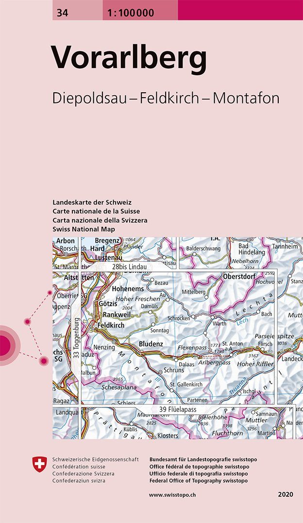 Carte topographique n° 34 - Vorarlberg (Suisse) | Swisstopo - 1/100 000 carte pliée Swisstopo 