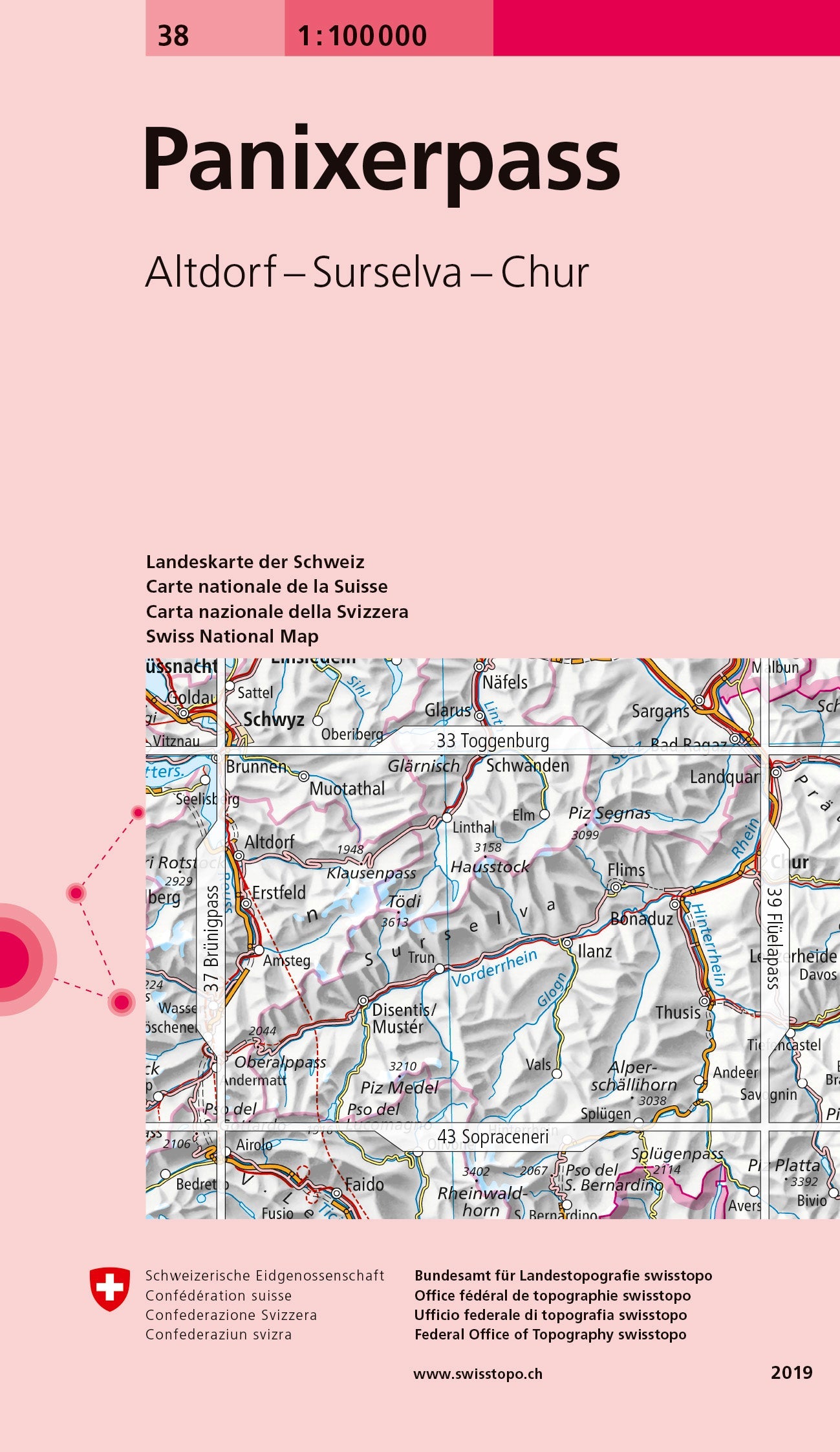 Carte topographique n° 38 - Col de Panix (région de Ilanz, Suisse) | Swisstopo - 1/100 000 carte routière Swisstopo