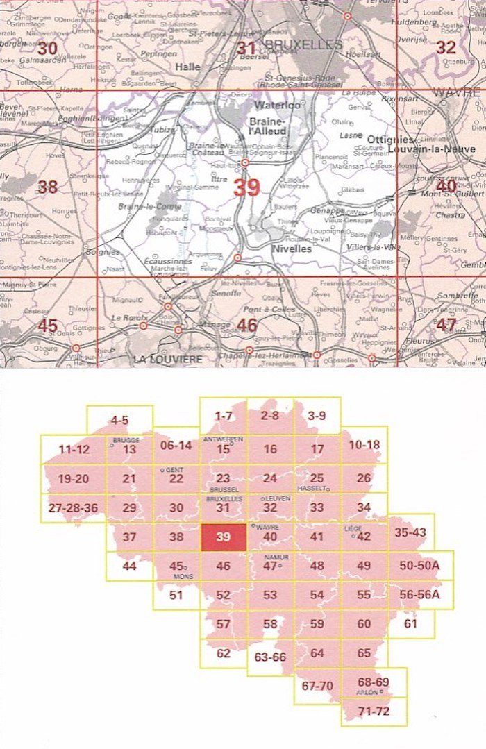 Carte topographique n° 39 - Nivelles (Belgique) | NGI - 1/50 000 carte pliée IGN Belgique 