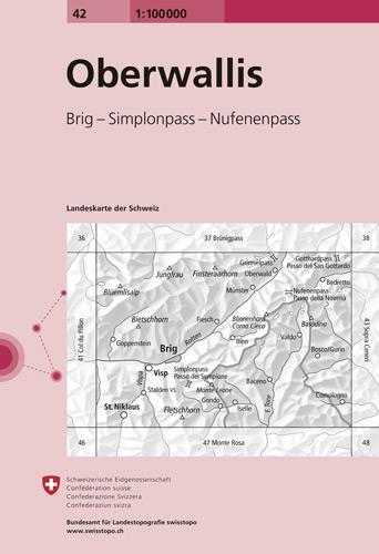 Carte topographique n° 42 - Oberwallis (Suisse) | Swisstopo - 1/100 000 carte routière Swisstopo
