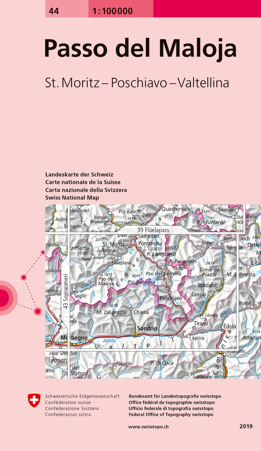 Carte topographique n° 44 - Passo del Maloja (Suisse) | Swisstopo - 1/100 000 carte pliée Swisstopo 