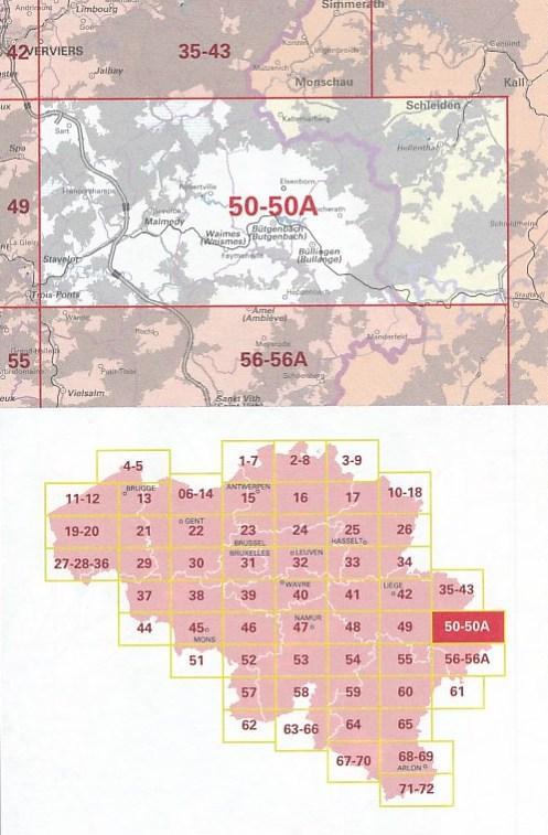 Carte topographique n° 50-50A - Malmédy (Belgique) | NGI - 1/50 000 carte pliée IGN Belgique 