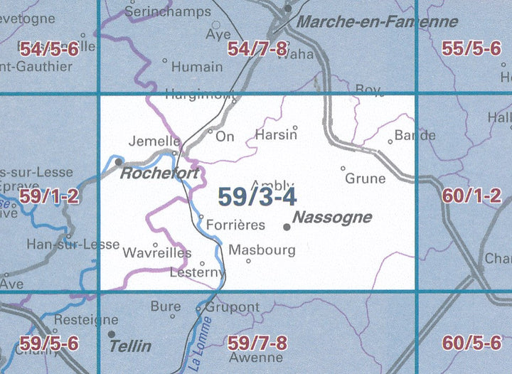Carte topographique n° 59/3-4 - Rochefort (Belgique) | NGI topo 25 carte pliée IGN Belgique 