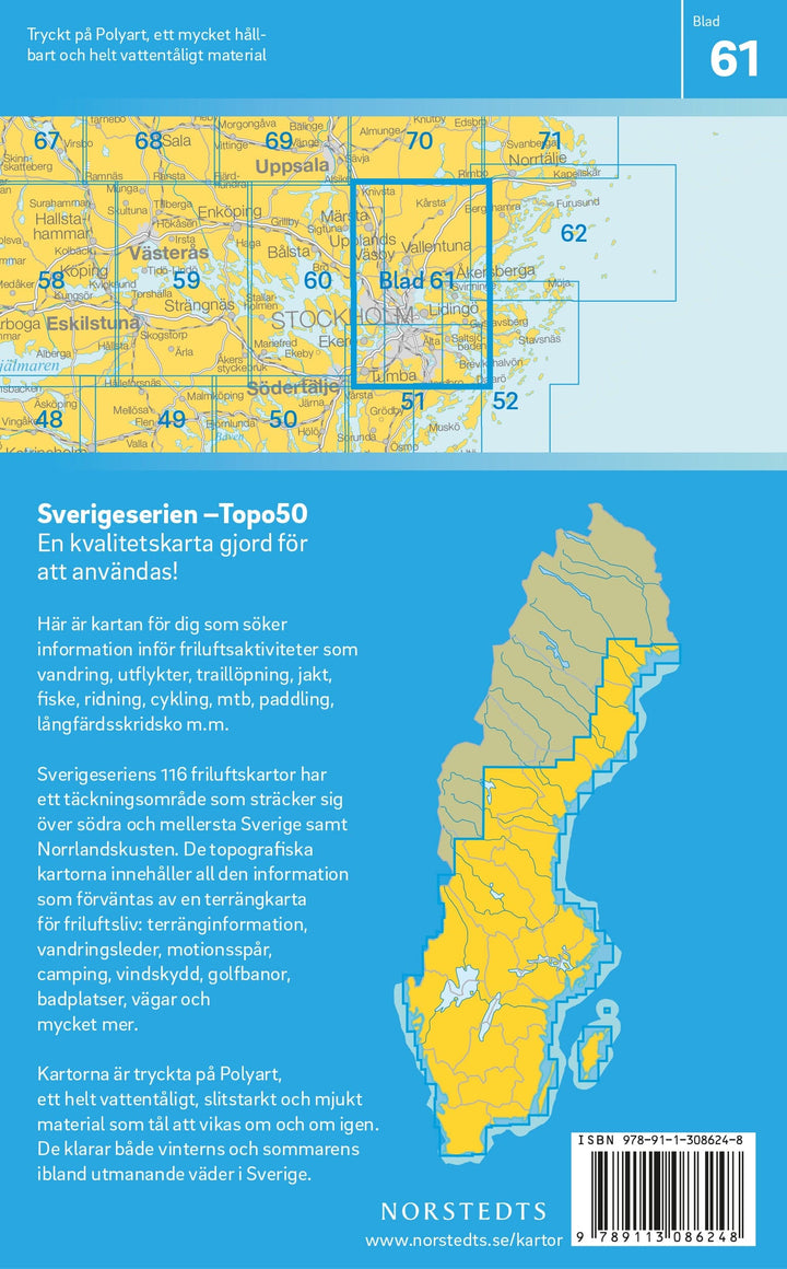 Carte topographique n° 61 - Stockholm (Suède) | Norstedts - Sverigeserien carte pliée Norstedts 