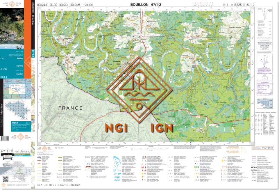 Carte topographique n° 67/1-2 - Bouillon (Belgique) | NGI topo 25 carte pliée IGN Belgique 