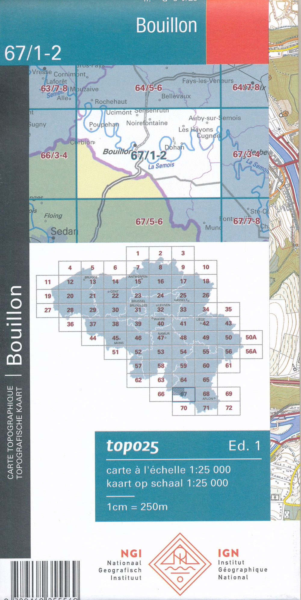 Carte topographique n° 67/1-2 - Bouillon (Belgique) | NGI topo 25 carte pliée IGN Belgique 