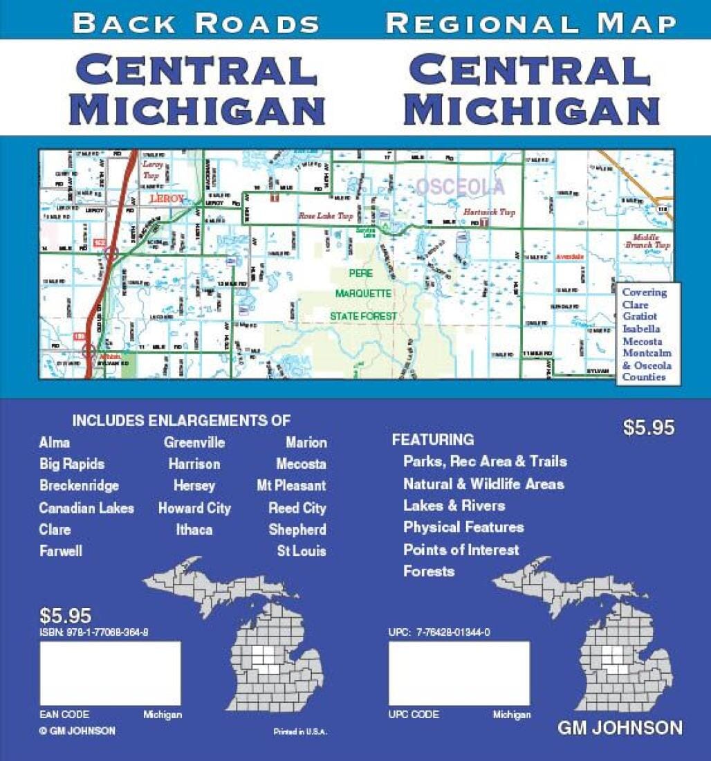 Carte régionale - Central Michigan (routes secondaires) | GM Johnson carte routière GM Johnson
