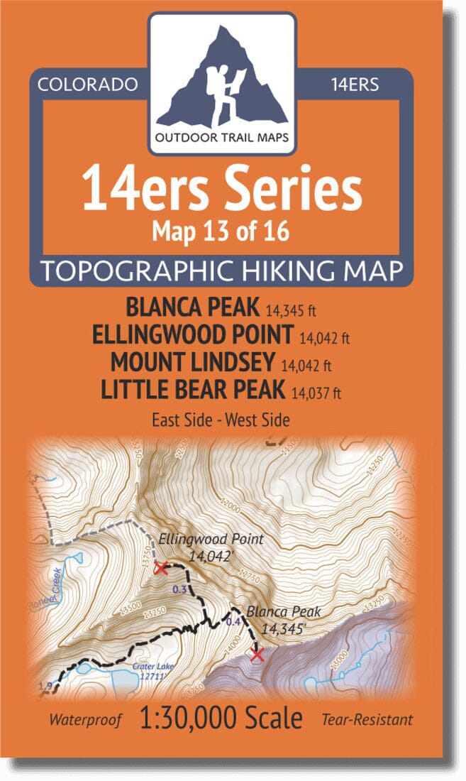 Colorado 14ers Map Series 13 of 16 - Blanca, Ellingwood, Lindsey, Little Bear (East and West) | Outdoor Trail Maps LLC carte de randonnée Outdoor Trail Maps LLC