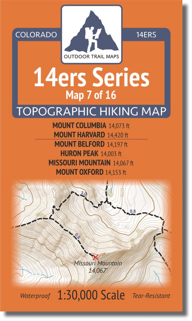 Colorado 14ers Map Series 7 of 16 - Columbia, Harvard | Belford, Huron, Missouri, Oxford | Outdoor Trail Maps LLC carte de randonnée Outdoor Trail Maps LLC