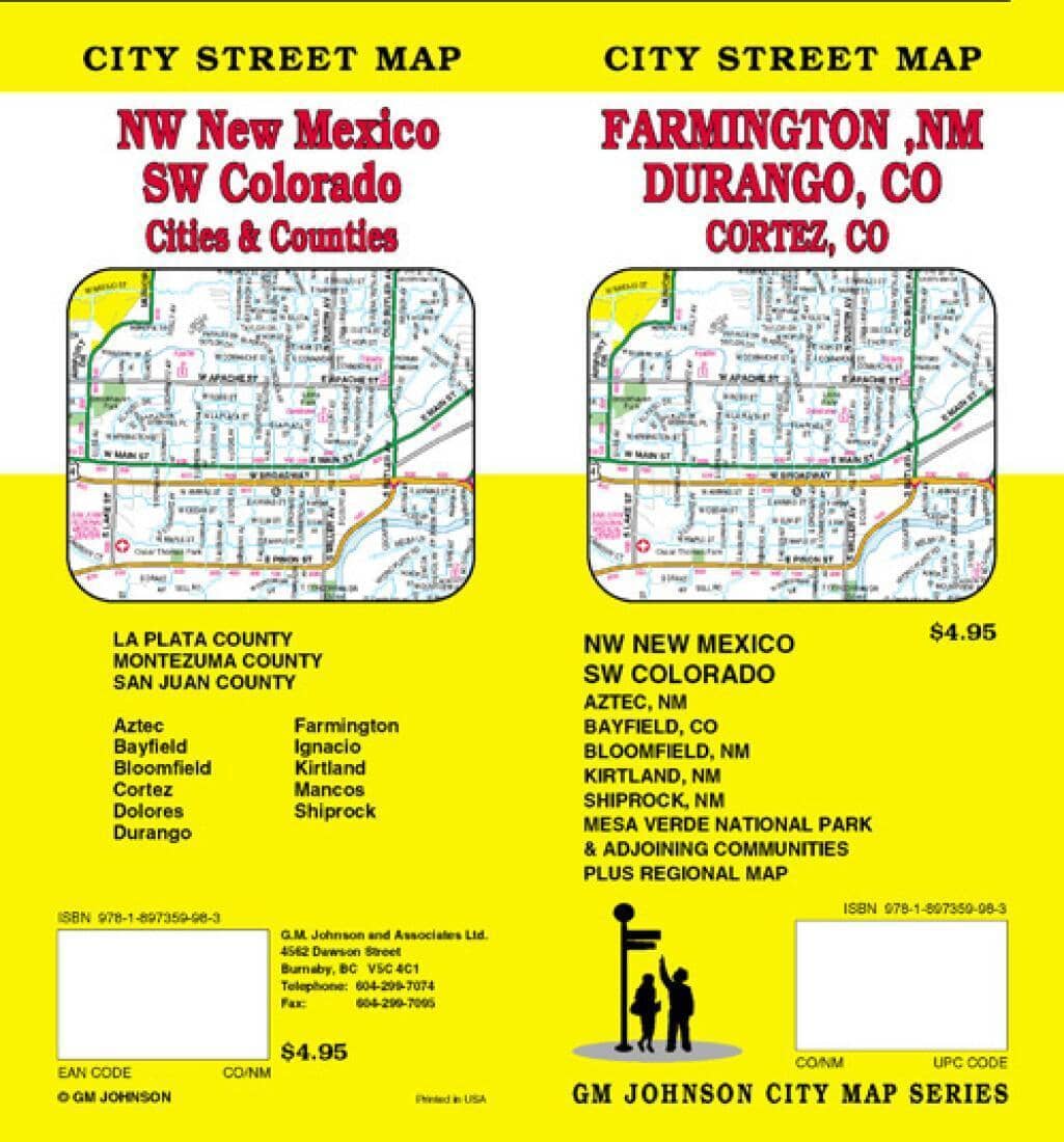Durango et Cortez, Colorado, plus Farmington, Aztec et Bloomfield, Nouveau-Mexique | GM Johnson plan de ville GM Johnson
