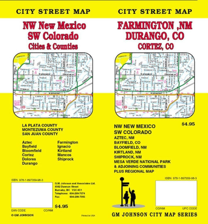Durango et Cortez, Colorado, plus Farmington, Aztec et Bloomfield, Nouveau-Mexique | GM Johnson plan de ville GM Johnson