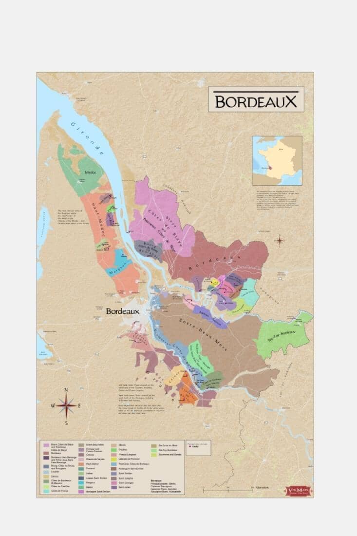 France - Bordeaux - Région viticole | Vinmaps carte murale roulée (en tube) Vinmaps Canvas