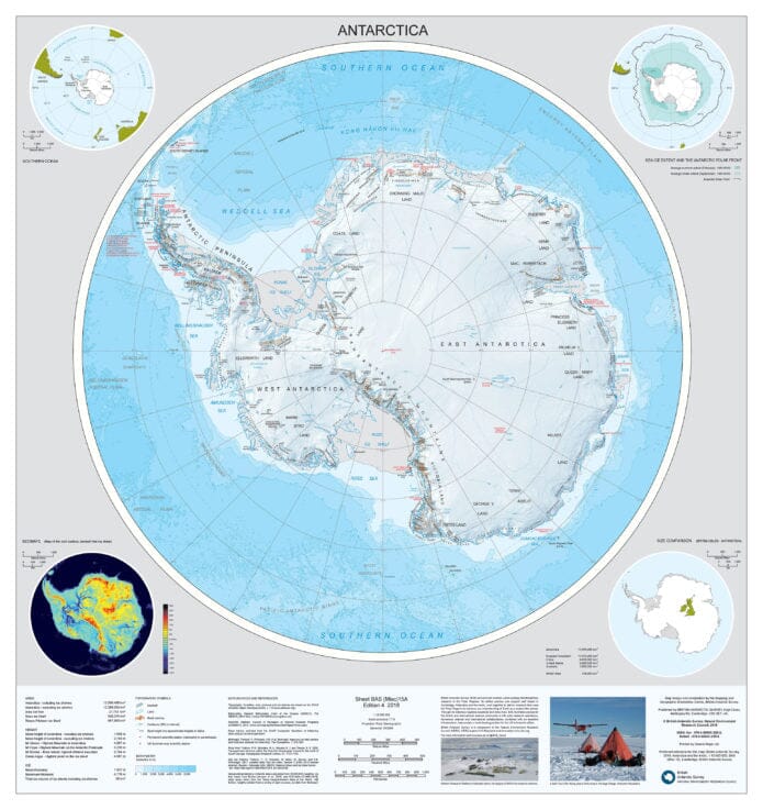 L'Antarctique et l'Arctique 1:10 000 000 | British Antarctic Survey carte routière British Antarctic Survey