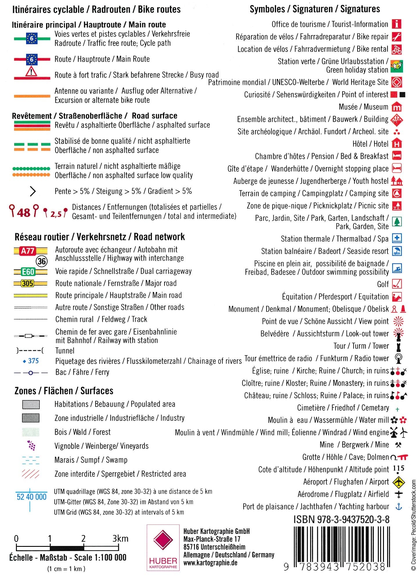 Lot de 6 cartes cyclistes - Eurovelo 6, Partie 1 : De l'Atlantique au Rhin | Huber carte cycliste Huber