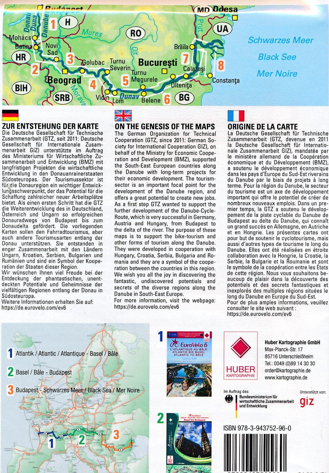 Lot de 8 cartes cyclistes - Eurovelo 6, Partie 3 : Danube, de Budapest à la Mer Noire | Huber carte pliée Huber 