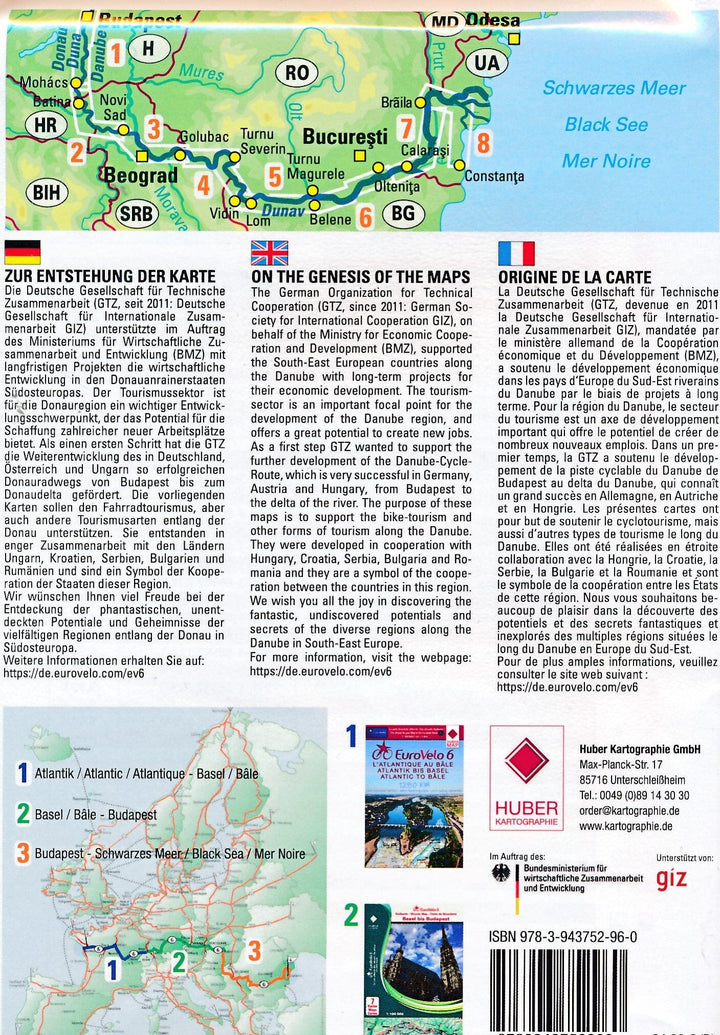 Lot de 8 cartes cyclistes - Eurovelo 6, Partie 3 : Danube, de Budapest à la Mer Noire | Huber carte pliée Huber 