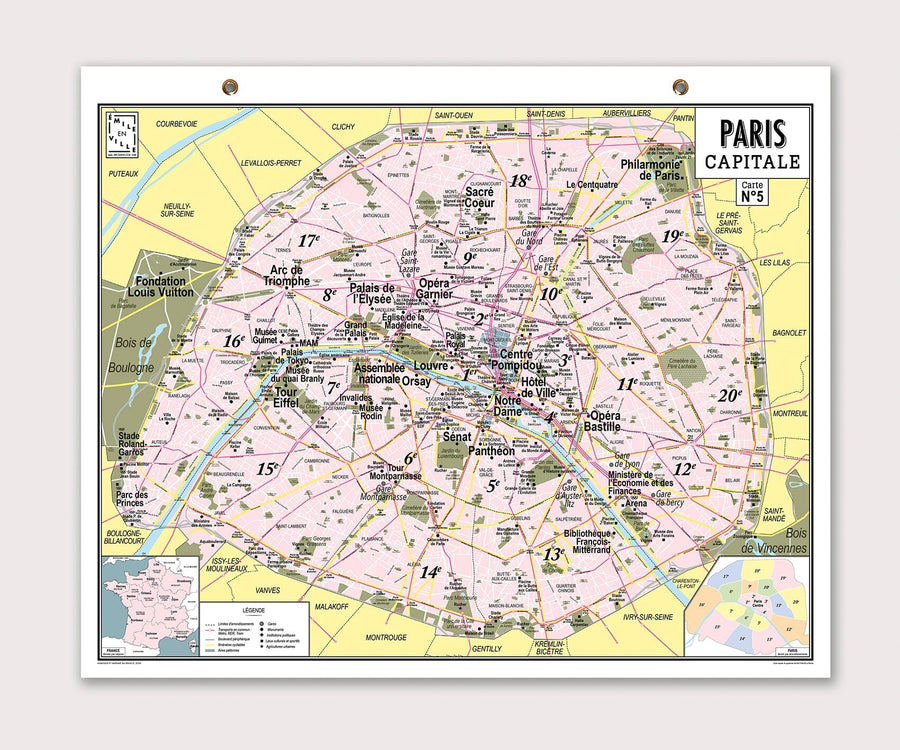 Plan mural de Paris de style vintage, avec oeillets métalliques - 68,5 x 84 cm carte murale petit tube Emile en Ville 