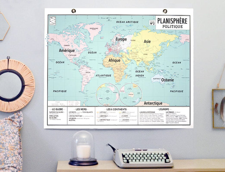 Planisphère politique de style vintage, avec oeillets métalliques (84 cm x 68,5cm ) carte murale petit tube Emile en Ville 