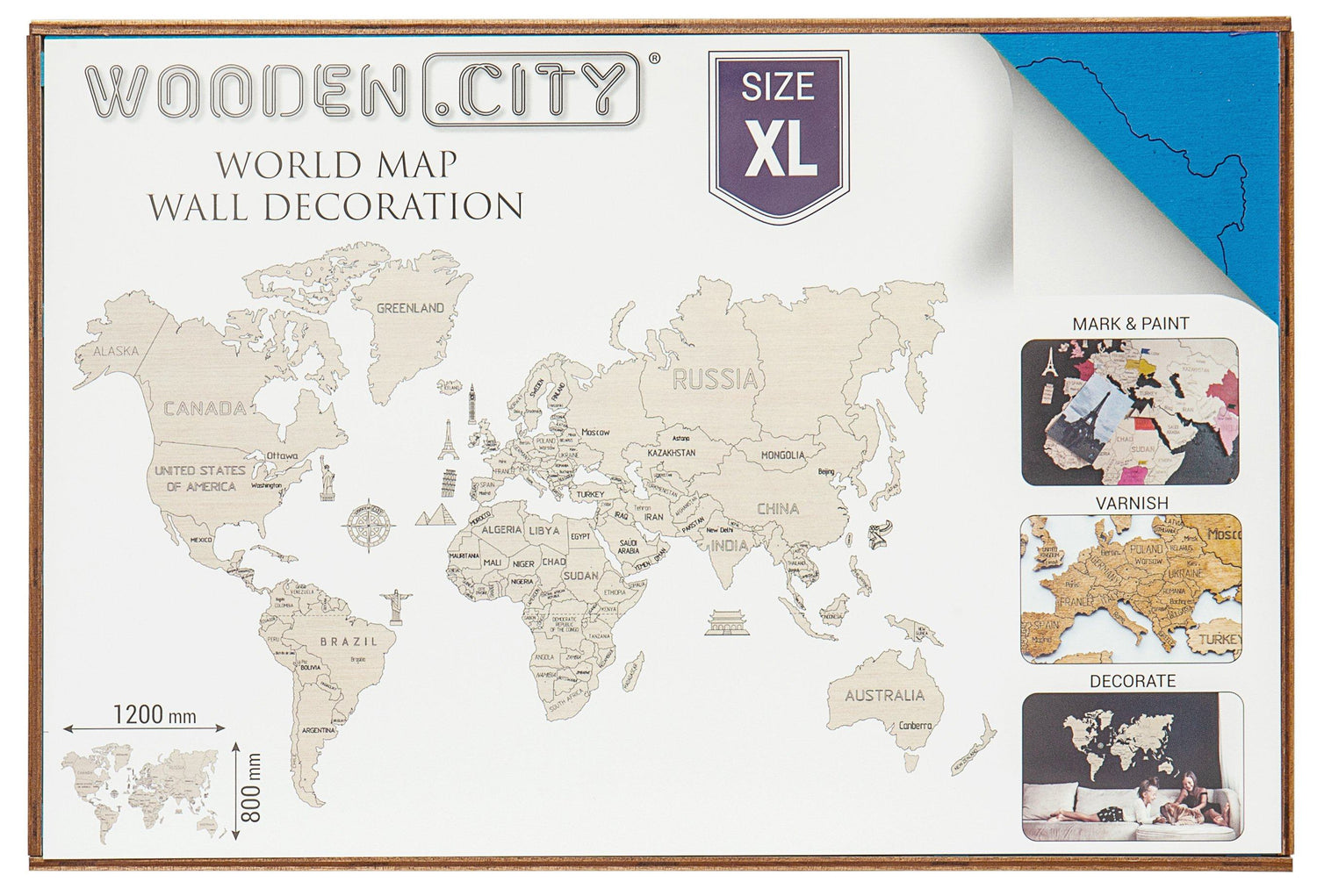 Puzzle en bois - Carte du monde, à monter soi-même - couleur bleue (120 x 80 cm) | Wooden City puzzle Wooden City