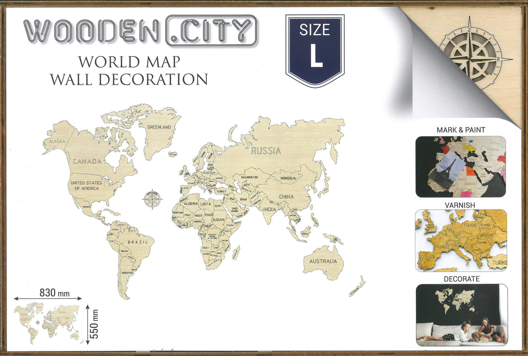 Puzzle en bois - Carte du monde, à monter soi-même - couleur naturelle | Wooden City carte murale grand tube Wooden City 
