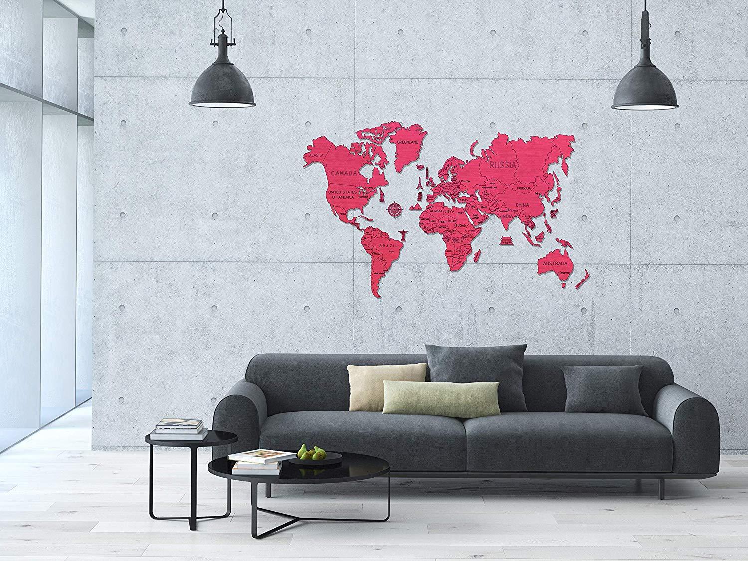 Wooden puzzle - World map, to mount yourself - Coral red color | Woode ...